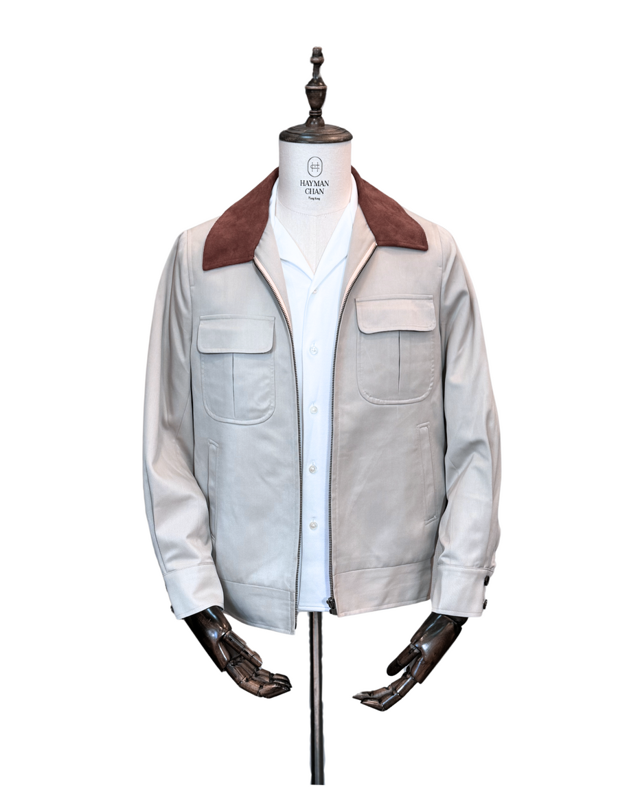 Cotton Bomber Jacket with Suede Collars and Elbow Patch